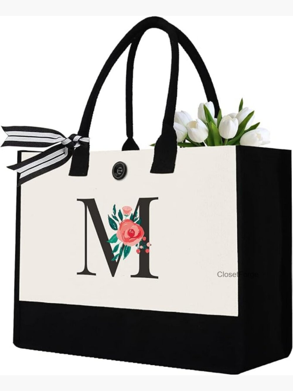 Monogrammed Canvas Tote Bag with Inner Zipper Pouch and Button Closure